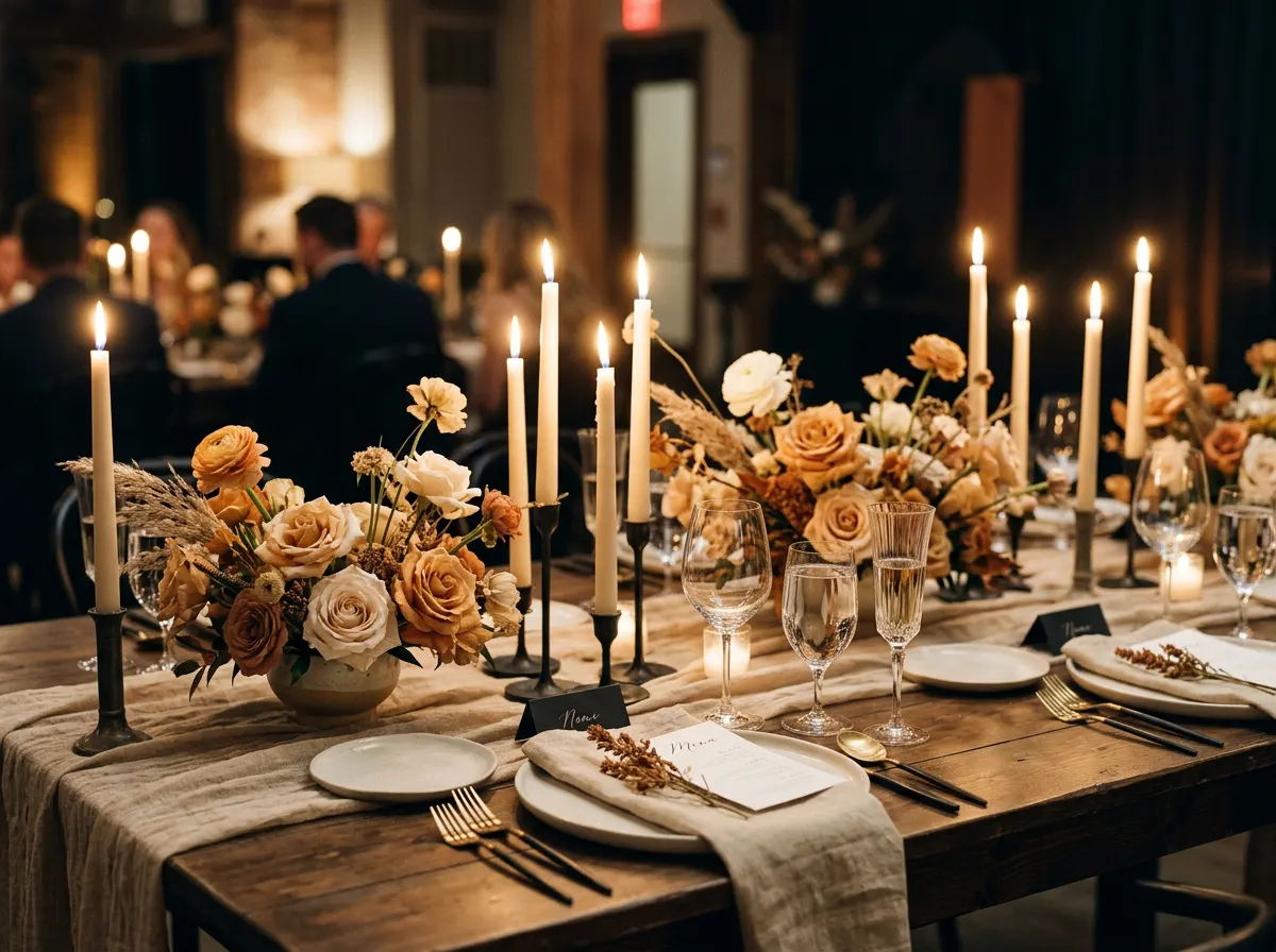 Event table styled with candles and florals