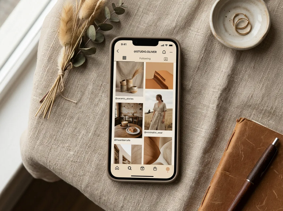 Phone showing a curated social media feed on beige linen
